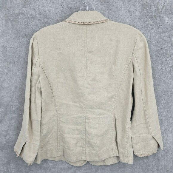 Intuitions Cropped Blazer 2 Natural Linen Lace Trim Floral Buttons Cottagecore - Picture 12 of 13